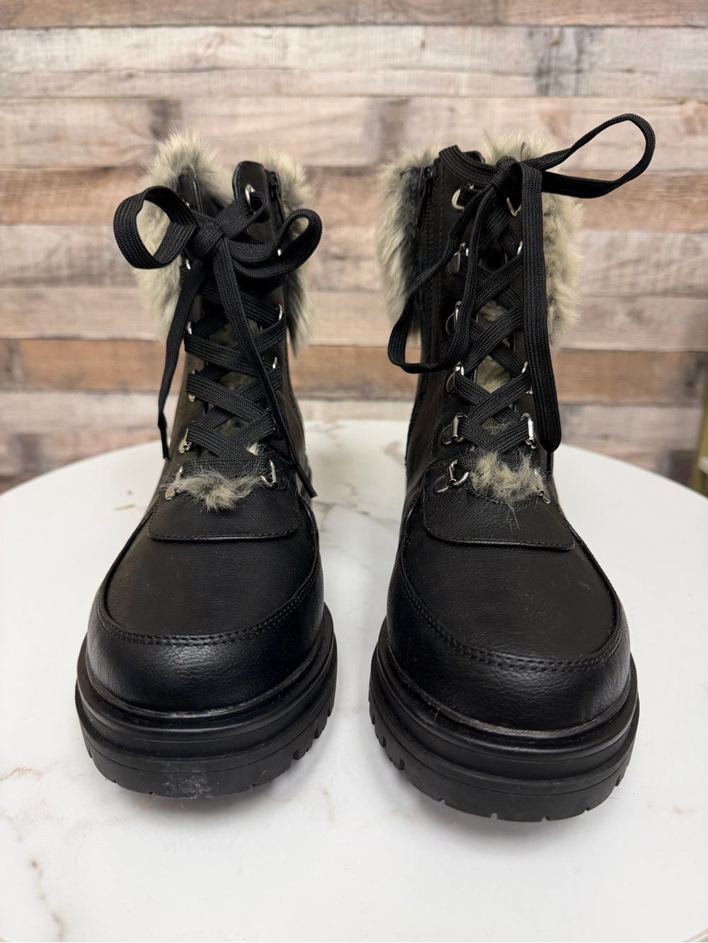Sun + Stone Faux Leather Combat Boot With Faux Fur Trim